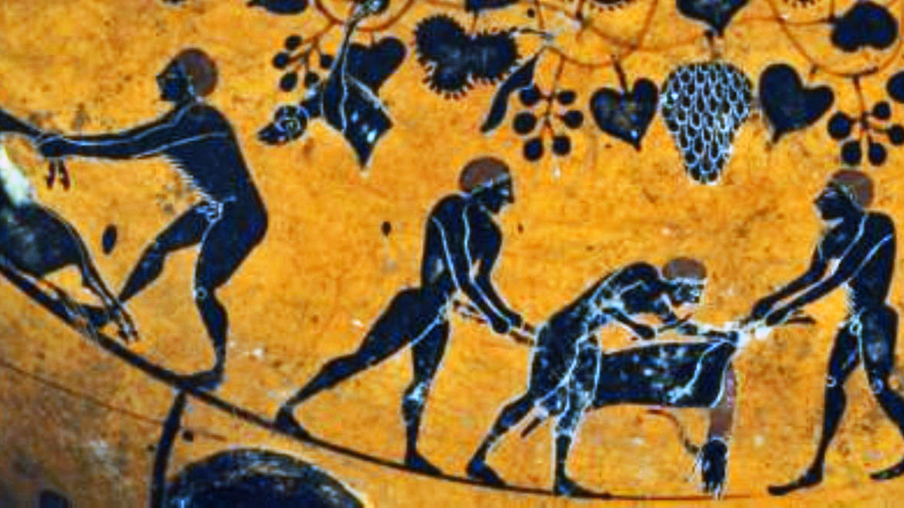 Immagine dipinta su vaso di vino e vendemmia degli etruschi